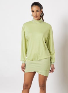 Buy Women High Neck Long Sleeve One Piece Casual Dress Green in UAE