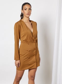 اشتري Ruched Waist Button Side Bodycon Dress Pink Brown في السعودية