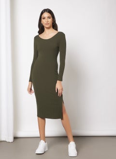 Buy Casual Polyester Long Sleeve Bodycon Midi Dress With ScoopNeck 117 Olive in Saudi Arabia