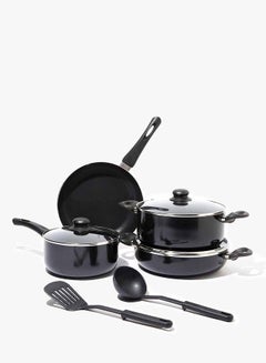 Buy 9-Piece 9 Piece Cookware Set - Aluminum Pots And Pans - Non-Stick Surface - Tempered Glass Lids - PFOA Free - Frying Pan, Casserole With Lid, Saucepan With Lid, Kitchen Tools - Black in UAE