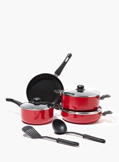 Buy 9-Piece Cookware Set - Aluminum Pots And Pans - Non-Stick Surface - Tempered Glass Lids - PFOA Free - Frying Pan, Casserole With Lid, Saucepan With Lid, Kitchen Tools - Maroon in UAE