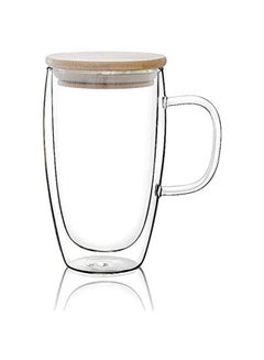 Buy Double Walled Coffee Cups With Handle And Lid Clear/Beige 450ml in UAE