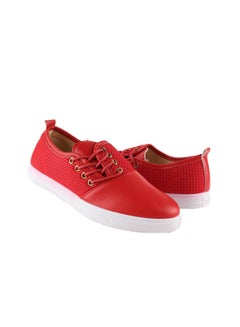Buy Leather Flat Lace-Up Plain/Basic Sneakers Red in Egypt