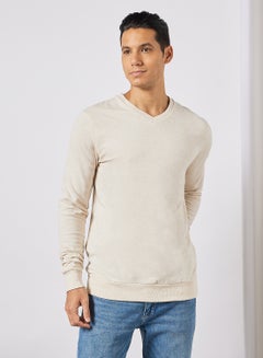 Buy V-Neck Men's Cotton Sweatshirt Heather Oatmeal in UAE