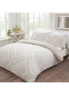 Buy 3-Piece Super Soft Geometric Striped Reversible Double Sized Duvet Cover Set Includes 1xDuvet Cover 200x200cm, 2xPillow Cases Cotton Blend Light Brown/White 48x74cm in UAE