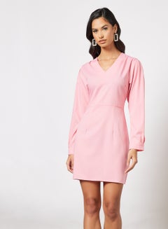 Buy V-Neck Puff Sleeve One Piece Dress Light Pink in UAE