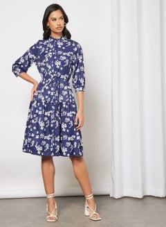 Buy All Over Print Self Tie Casual Dress Navy Blue in UAE