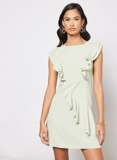 Buy Casual Boat Neck Flared Cap Sleeve Midi Dress With Ruffle 82 Light Green in UAE