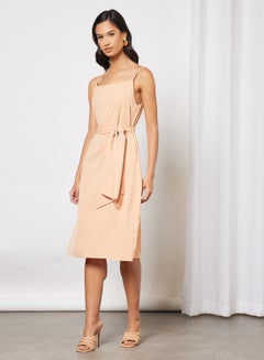 Buy Women's Casual Straps Knee Length Belted Dress With Off Shoulder Orange in Saudi Arabia