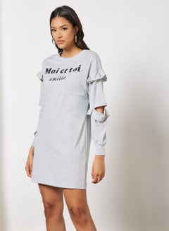 Buy Casual Round Neck Ruffle Detail Sleeve Sweatshirt Loose Mini Dress Grey in UAE