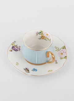 Buy 2-Piece Voguish Unique Gold Handle Small Five Leaf Cup And Saucer Sky Blue/White/Gold 115ml in UAE