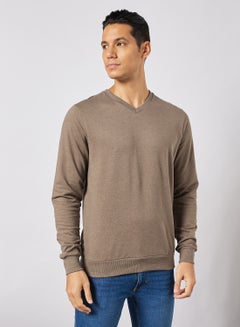 Buy V-Neck Men's Cotton Sweatshirt with Rib Detail Heather Brown in Saudi Arabia