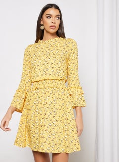 Buy Womens Casual Stylish Mini Skirt Full Sleeves With Frills Yellow in UAE