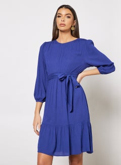 Buy Casual Stylish Long Sleeves Tiered Dress Printed With Round Neck And A Belt Navy in Saudi Arabia