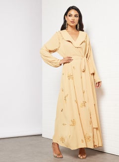 Buy Cut-Work Embroidered Belted Abaya Yellow in UAE