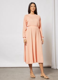 Buy Solid Waistband Casual Dress Coral in Saudi Arabia