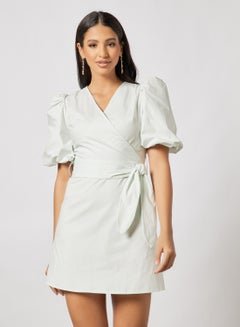 Buy Casual Criss Cross V-Neck Puff Sleeve Plain/Basic Mini Dress With Belt Light Green in UAE