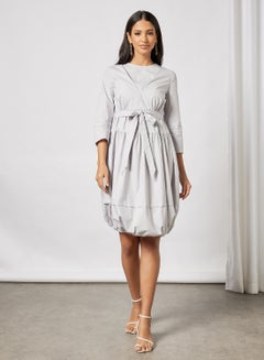 Buy Casual Three-Quarter Sleeve Belted Simple But Elegant Knee Length Dress With Round Neck Dusty Voilet in UAE