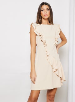 Buy Casual Boat Neck Flared Cap Sleeve Midi Dress With Ruffle 98 Apricot in UAE