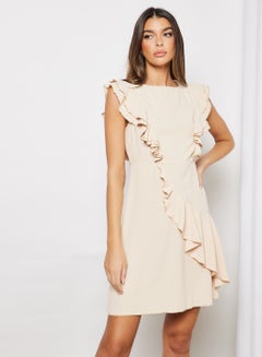 Buy Casual Boat Neck Flared Cap Sleeve Midi Dress With Ruffle 98 Apricot in Saudi Arabia