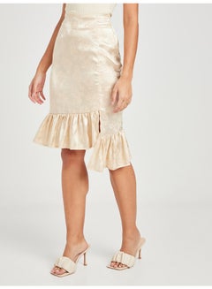 Buy Asymmetric Ruffle Hem Knee Length Bodycon Skirt Cream in Saudi Arabia