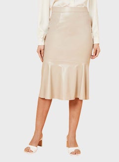 Buy Frill Hem Bodycon Midi Skirt Beige in Saudi Arabia