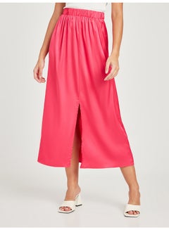 Buy Satin Side Slit Detail A-Line Midi Skirt Pink in Saudi Arabia