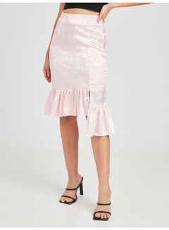 Buy Asymmetric Ruffle Hem Knee Length Bodycon Skirt Pink in Saudi Arabia