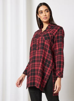 اشتري Plaid Print Longline Shirt Red في السعودية