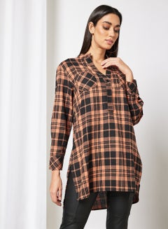 اشتري Plaid Print Longline Shirt بني في السعودية