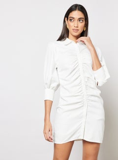 Buy Shirt Neck Front Button Ruched Details Dress Off-White in Saudi Arabia