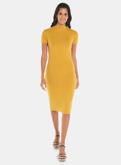 Buy Ribbed Midi Dress With Turtle Neck And Short Sleeves Mustard Yellow in UAE