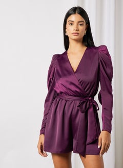 Buy Belted Satin Playsuit Purple in UAE