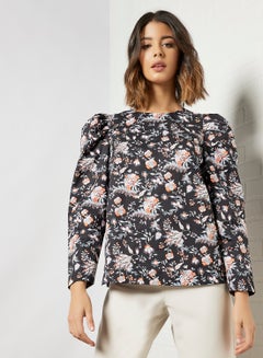 Buy Puff Sleeve Printed Top Black in UAE