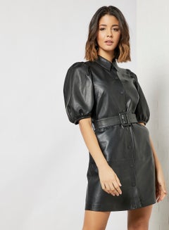 Buy Chrisee Leather Shirt Dress Black in UAE