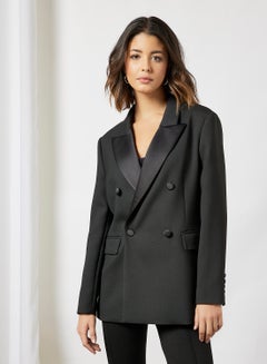 Buy Double Breasted Peaked Lapel Blazer Black in UAE