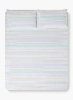 اشتري Fitted Bedsheet Set Super King Size High Quality 100% Cotton Percale 144 TC Light Weight Everyday Use 1 Bed Sheet And 2 Pillow Cases Printed Pink/Blue Stripe Cotton Pink/Blue Stripe في الامارات