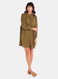 Buy Solid Twill Shirt Dress Olive in Saudi Arabia