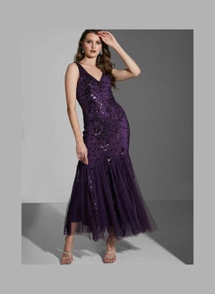 اشتري Embellished Detail Shimmer Dress Purple في الامارات