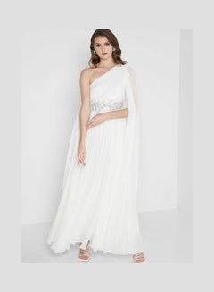 Buy One Shoulder Cape Sleeve Embellished Waist Dress White in Saudi Arabia