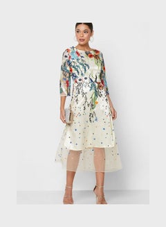 Buy Embroidered Tulle Detail Midi Dress Multicolor in Saudi Arabia