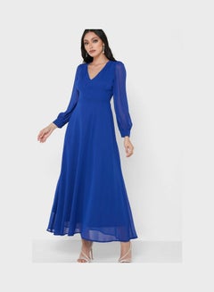 Buy Sheer Sleeve Fit & Flare Dress Blue in UAE