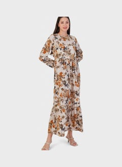 Buy Balloon Sleeve Floral Print Dress Beige in UAE