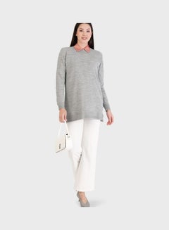 Buy Crew Neck Knitted Sweater Grey in UAE