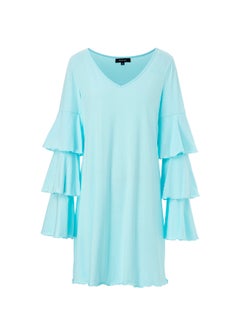 Buy Casual Polyester Ruffle Layer Long Sleeve Mini Dress With V-Neck Light Blue in UAE