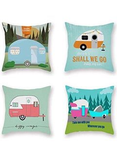Buy Set Of 4 Cartoon Camping Car Super Soft  Cushion Cover Pillowcase Happy Campers Throw Pillow Case Sofa Outdoor Decoration Polyester polyester Multicolour 40x40cm in Egypt