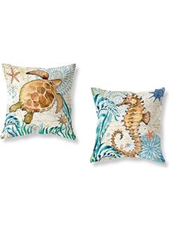 اشتري Set Of 2 Square Throw Pillow Covers Cotton Linen Throw Pillow Cover Marine Theme Sea Turtle Seahorse Printed Game Pillow Case polyester Multicolour 40x40cm في مصر