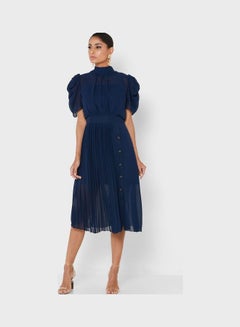 Buy Pleated Tie-Up Dress Navy in UAE