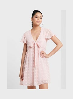 اشتري Tie Front Textured Dress Pink في الامارات