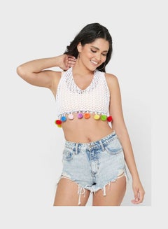 اشتري Pompom Detail Crochet Halter Top White في الامارات